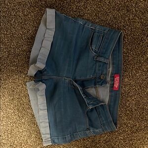 Express Blue Jean Shorts with Red Tag Detail